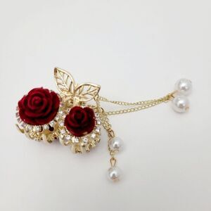 Brand New Gold Tone Red Rose Rhinestone Pearl Hair Claw Clips